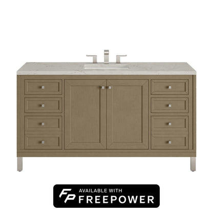 James Martin Vanities Chicago 60" Walnut Whisper Single Vanity With 3cm Victorian Silver Silestone Top With FreePower Wireless Charger