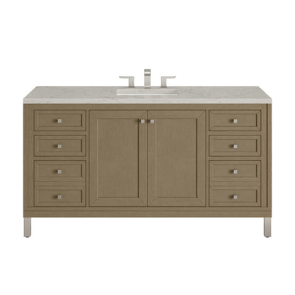 James Martin Vanities Chicago 60" Walnut Whisper Single Vanity With 3cm Victorian Silver Silestone Top With FreePower Wireless Charger