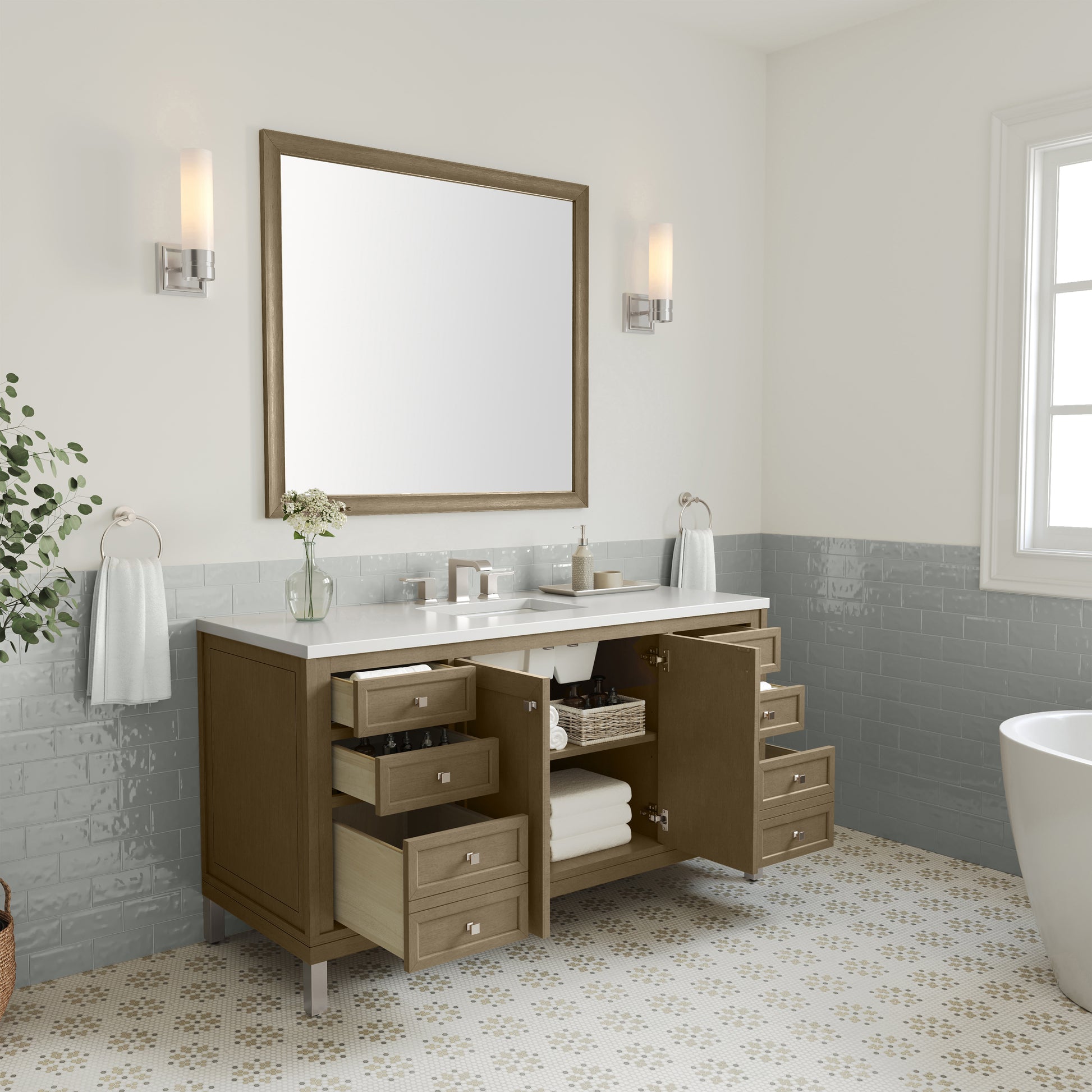 James Martin Vanities Chicago 60" Walnut Whisper Single Vanity With 3cm White Zeus Silestone Top