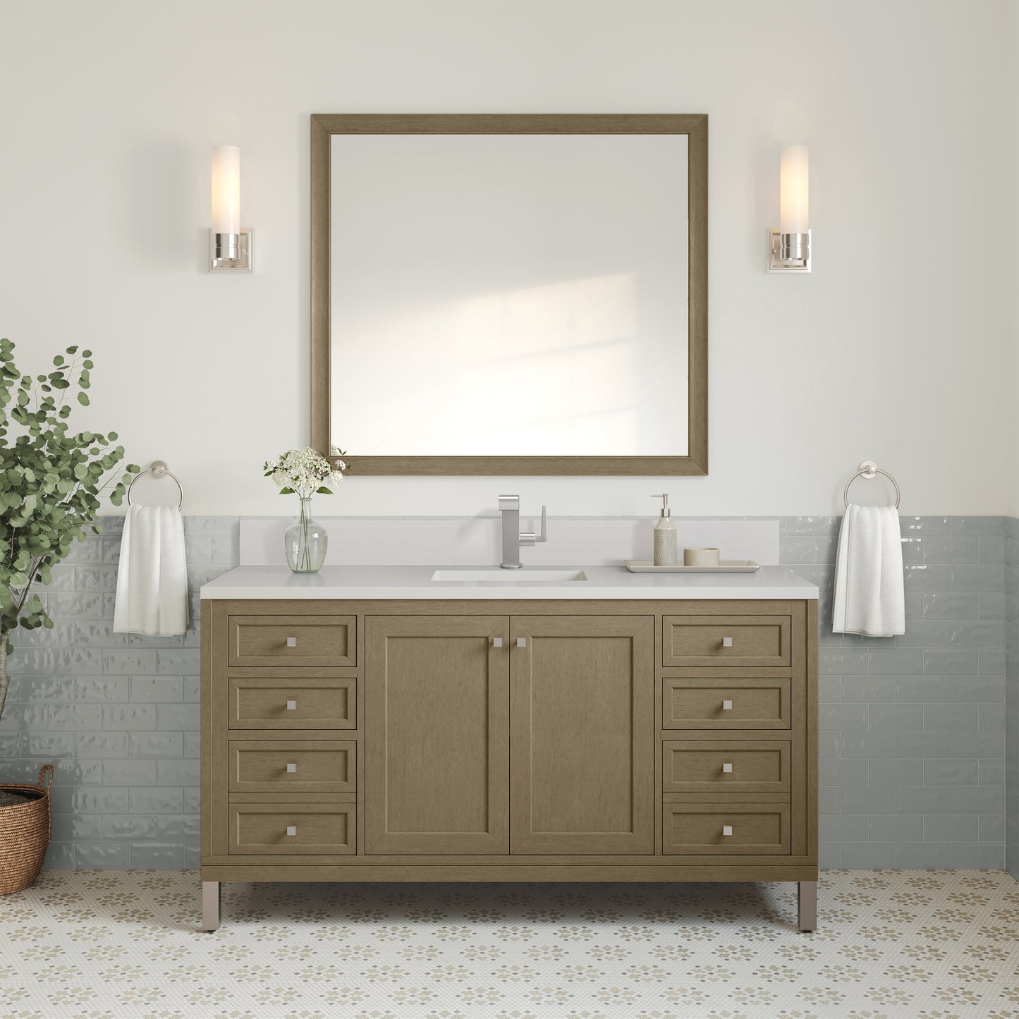 James Martin Vanities Chicago 60" Walnut Whisper Single Vanity With Single Hole 3cm White Zeus Silestone Top and Backsplash