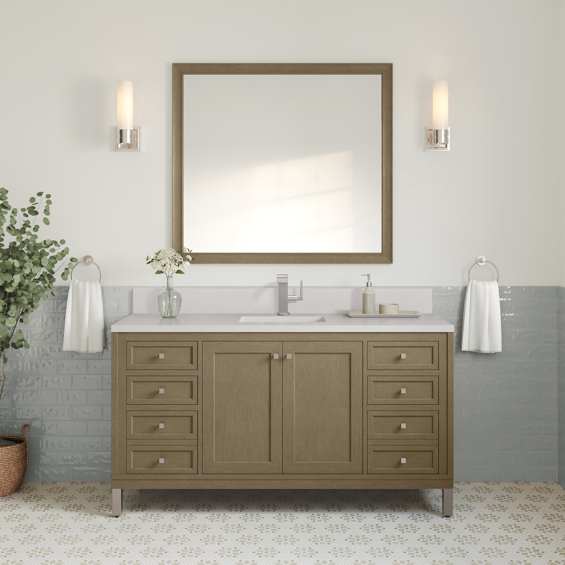 James Martin Vanities Chicago 60" Walnut Whisper Single Vanity With Single Hole 3cm White Zeus Silestone Top and Backsplash