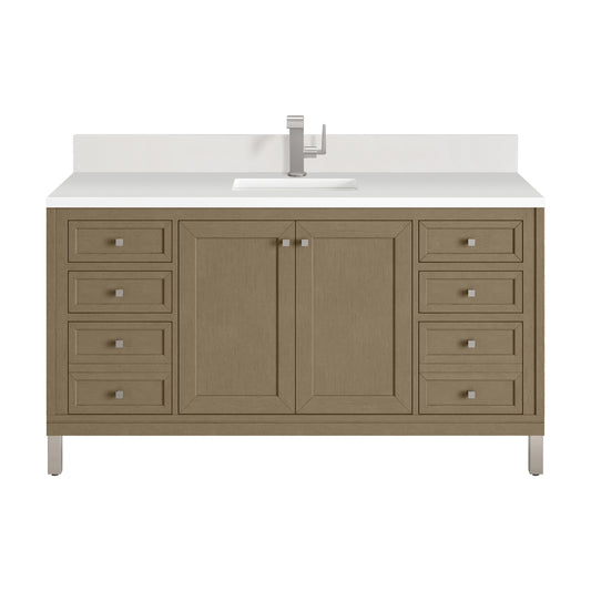 James Martin Vanities Chicago 60" Walnut Whisper Single Vanity With Single Hole 3cm White Zeus Silestone Top and Backsplash