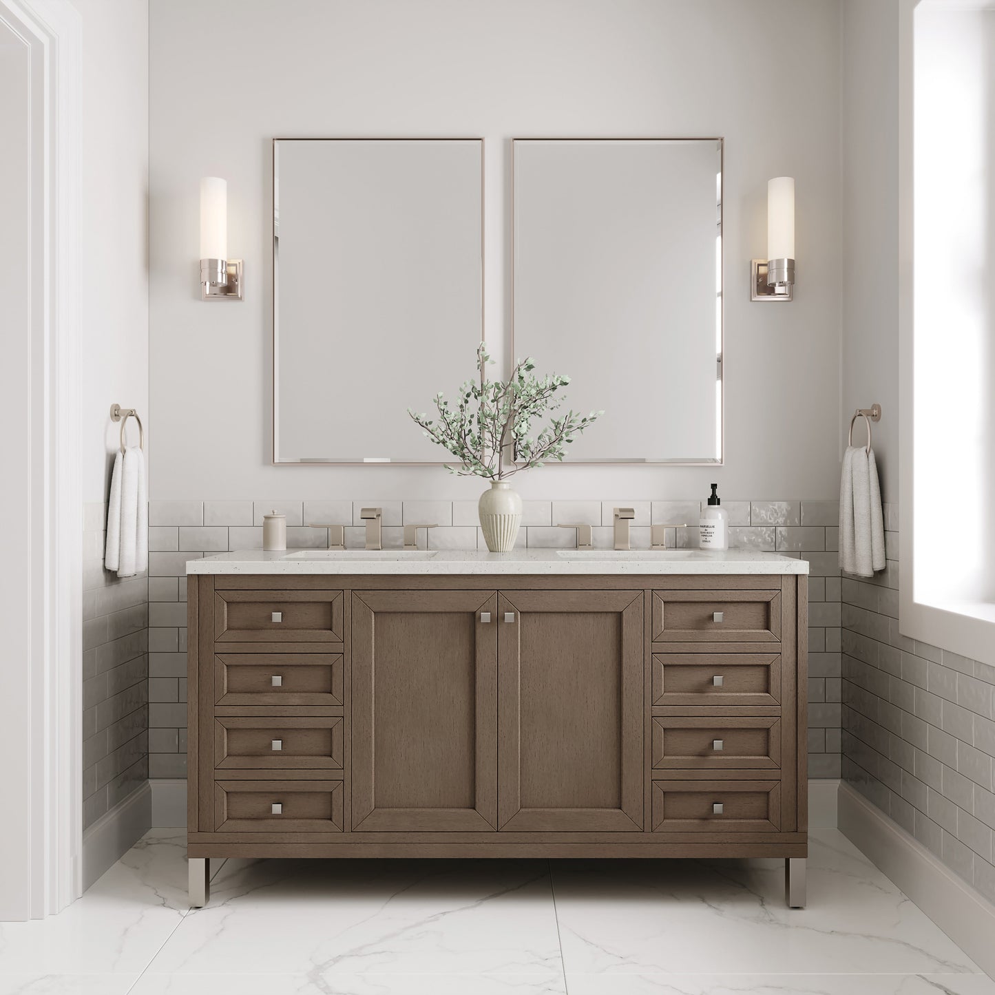 James Martin Vanities Chicago 60" Whitewashed Walnut Double Vanity With 3 cm Lime Delight Quartz Top