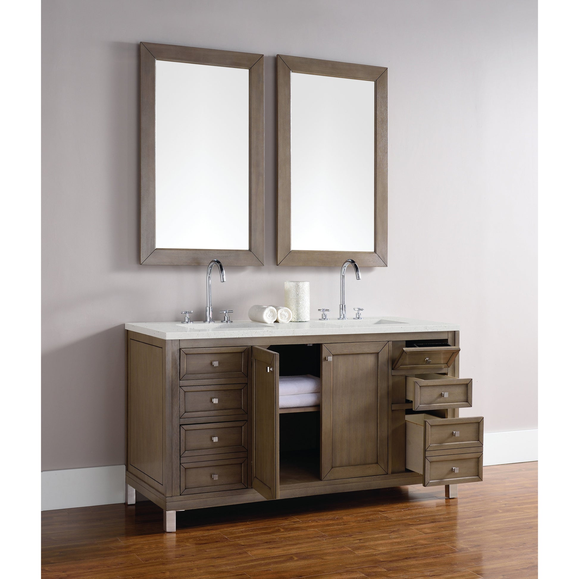 James Martin Vanities Chicago 60" Whitewashed Walnut Double Vanity With 3 cm Lime Delight Quartz Top