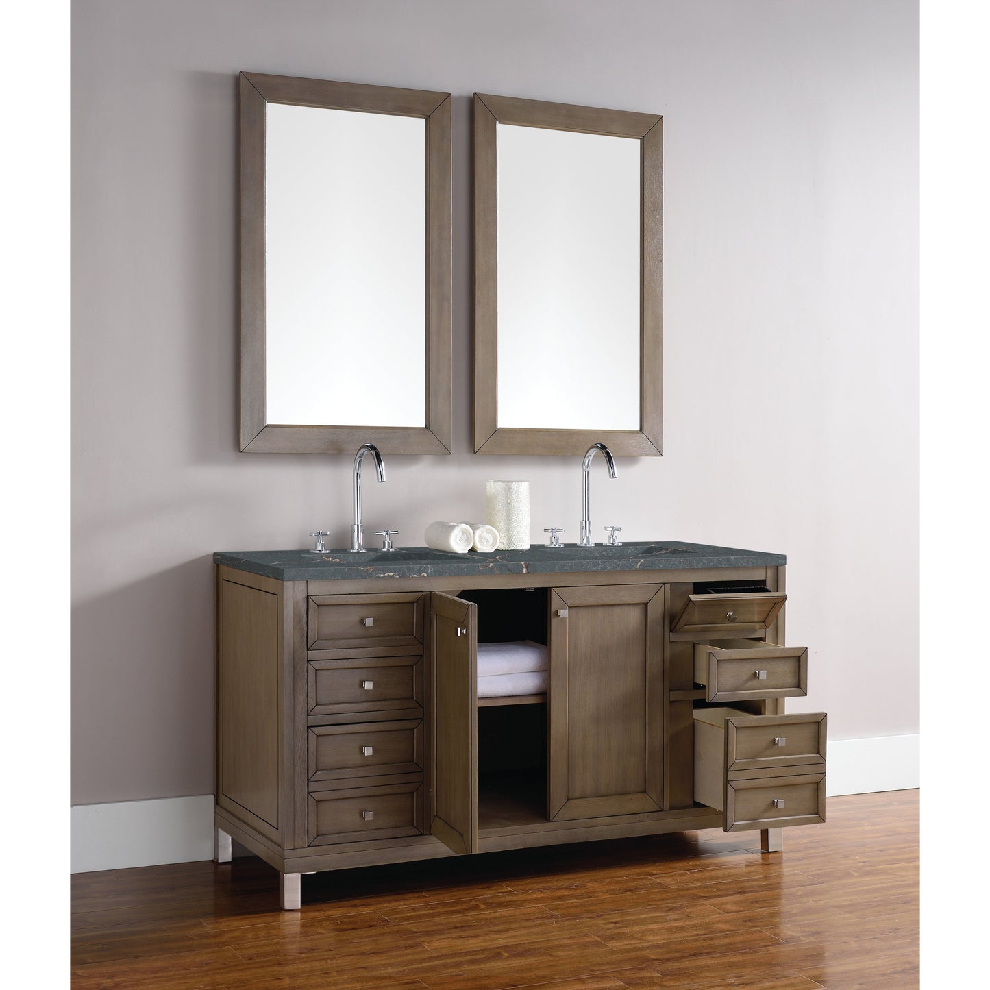 James Martin Vanities Chicago 60" Whitewashed Walnut Double Vanity With 3 cm Parisien Bleu Quartz Top