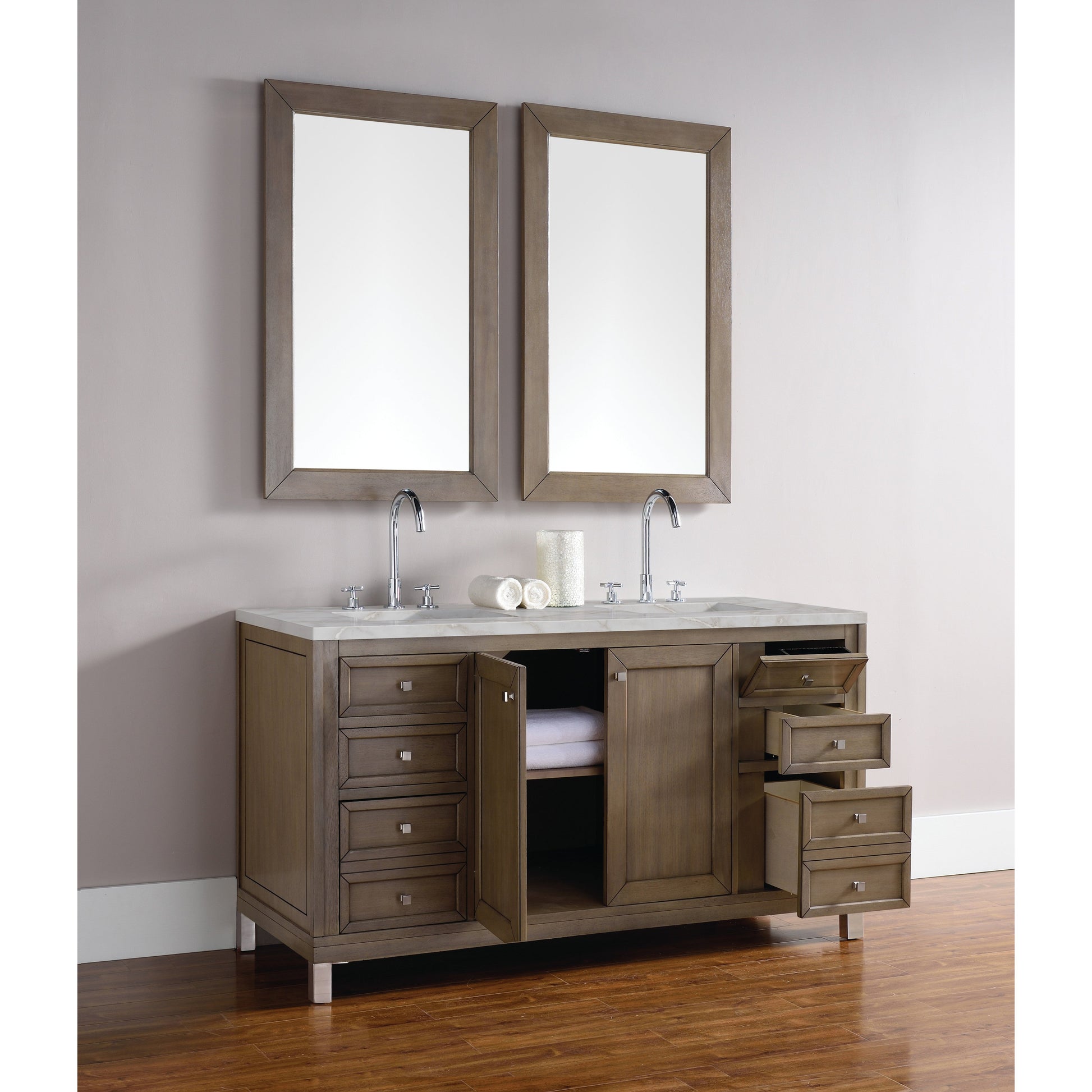 James Martin Vanities Chicago 60" Whitewashed Walnut Double Vanity With 3 cm Victorian Silver Quartz Top