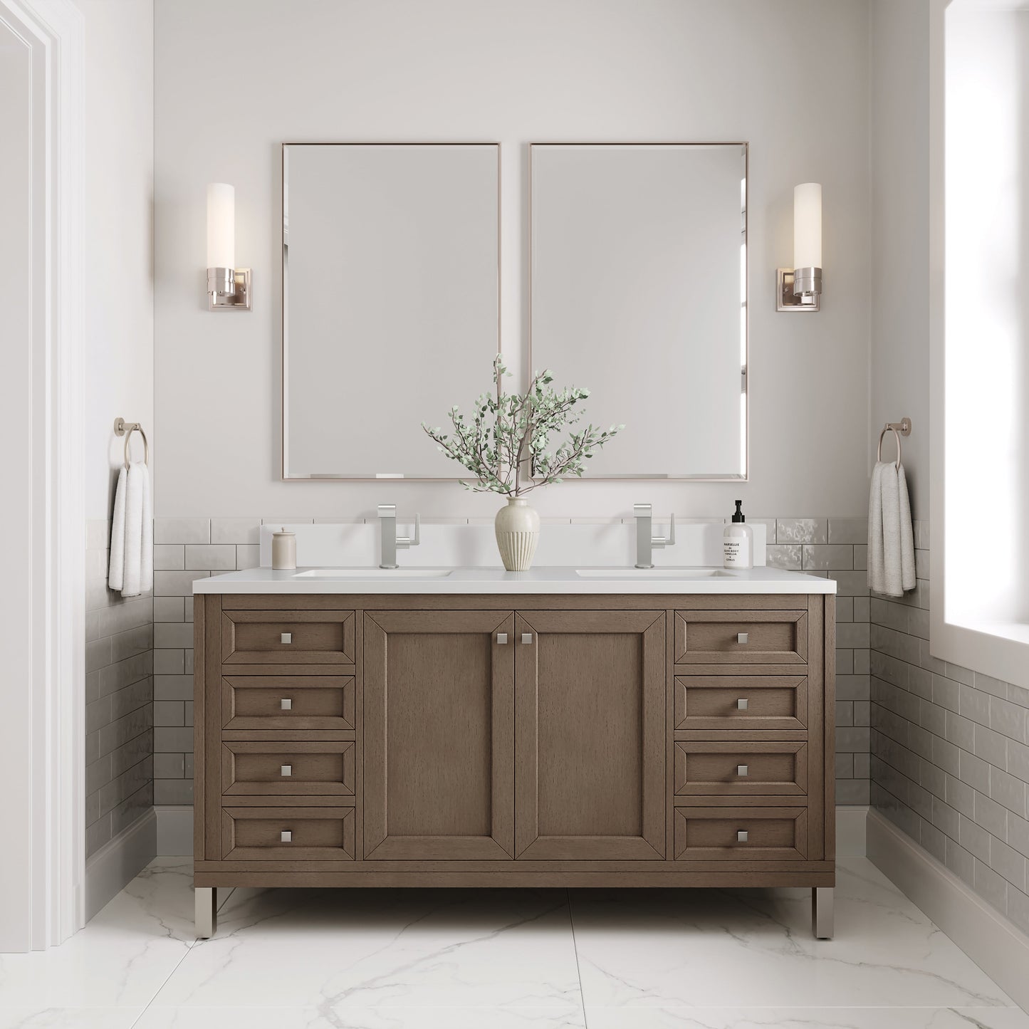 James Martin Vanities Chicago 60" Whitewashed Walnut Double Vanity With Single Hole 3 cm White Zeus Quartz Top & Backsplash