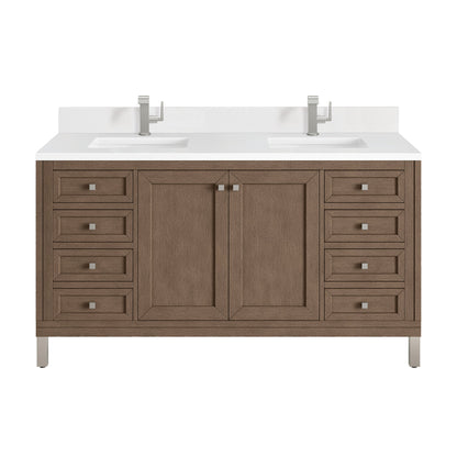 James Martin Vanities Chicago 60" Whitewashed Walnut Double Vanity With Single Hole 3 cm White Zeus Quartz Top & Backsplash