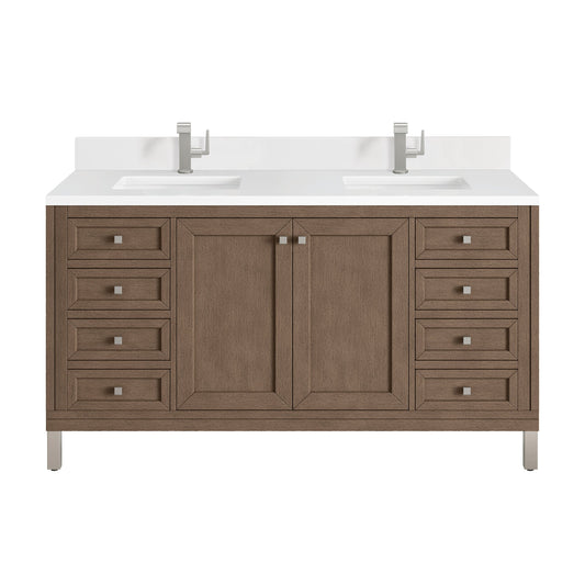 James Martin Vanities Chicago 60" Whitewashed Walnut Double Vanity With Single Hole 3 cm White Zeus Quartz Top & Backsplash