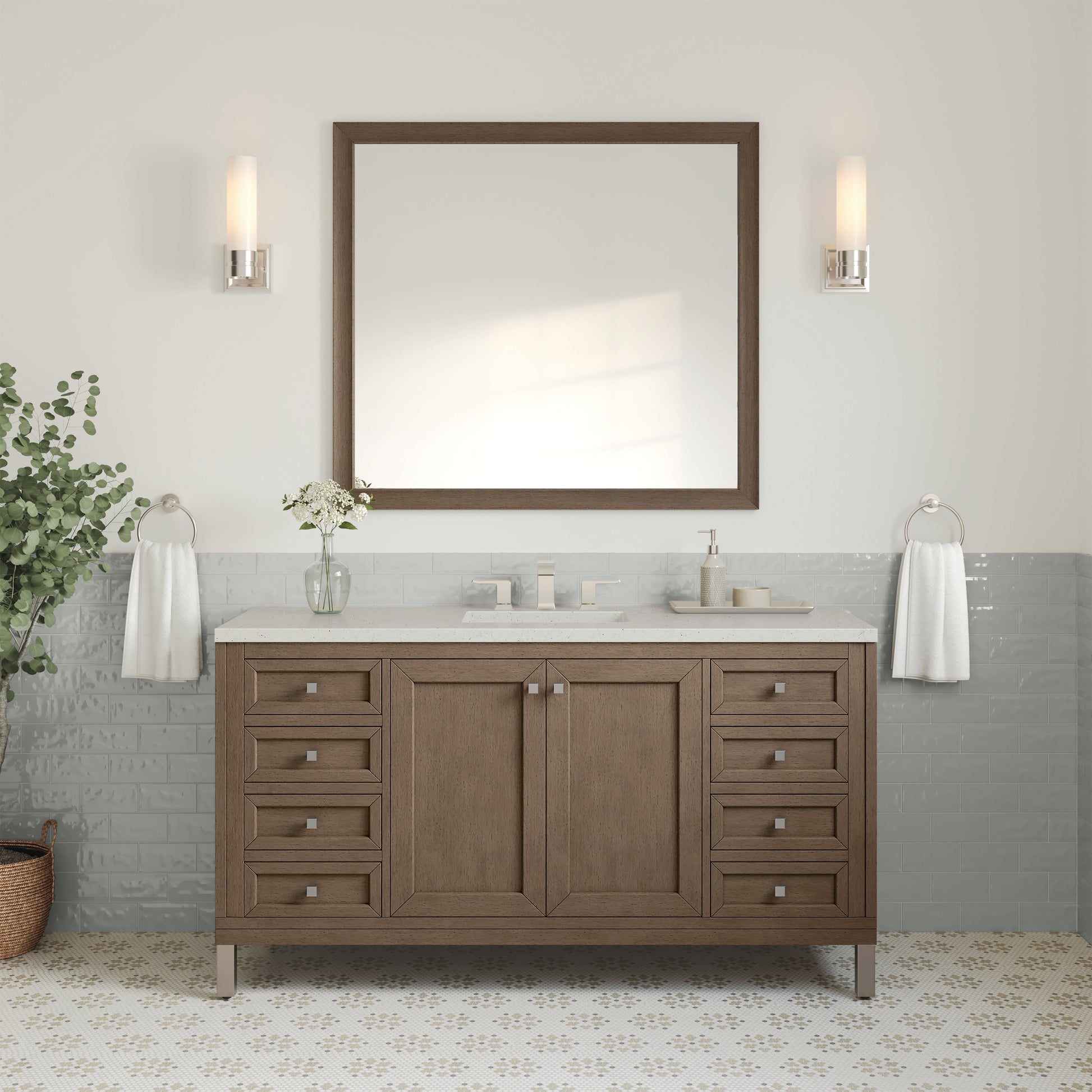 James Martin Vanities Chicago 60" Whitewashed Walnut Single Vanity With 3 cm Lime Delight Quartz Top