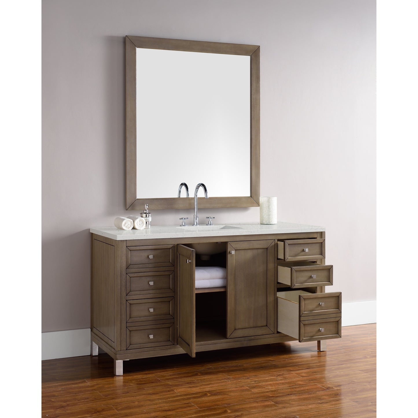 James Martin Vanities Chicago 60" Whitewashed Walnut Single Vanity With 3 cm Lime Delight Quartz Top