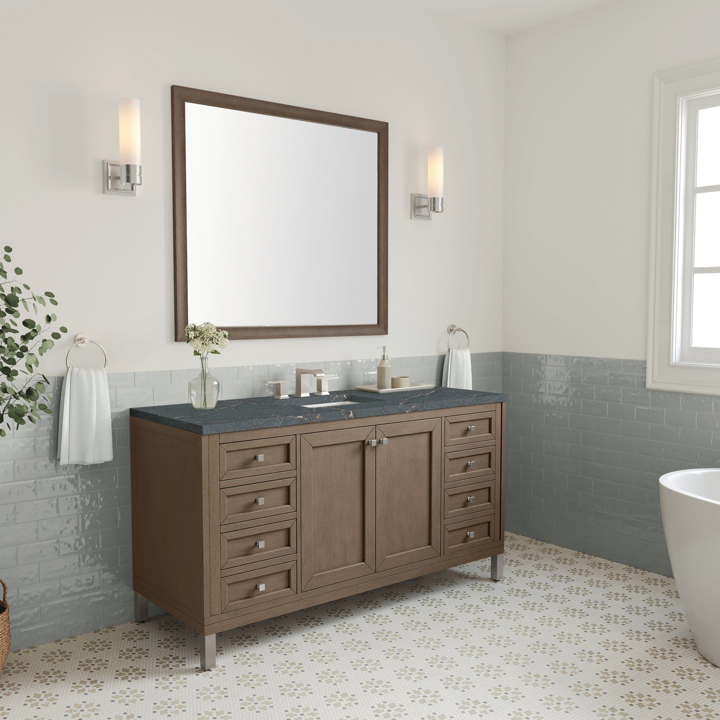 James Martin Vanities Chicago 60" Whitewashed Walnut Single Vanity With 3 cm Parisien Bleu Quartz Top