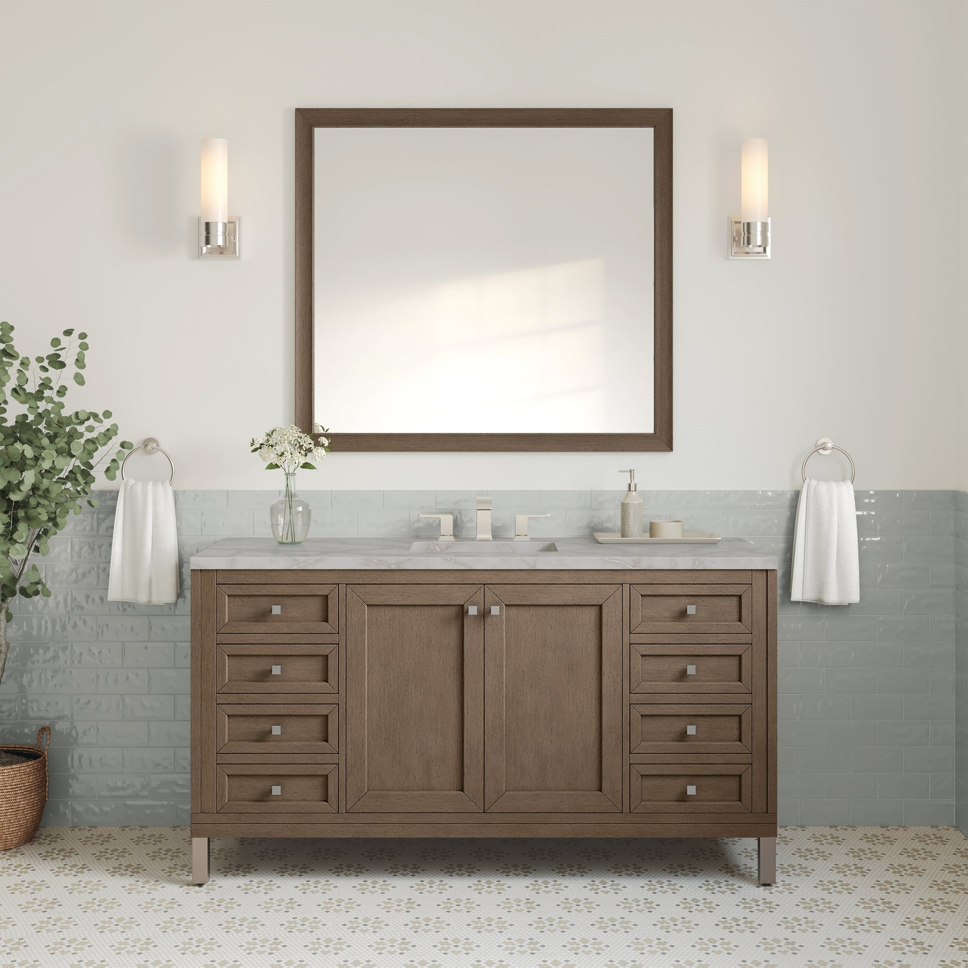 James Martin Vanities Chicago 60" Whitewashed Walnut Single Vanity With 3 cm Victorian Silver Quartz Top