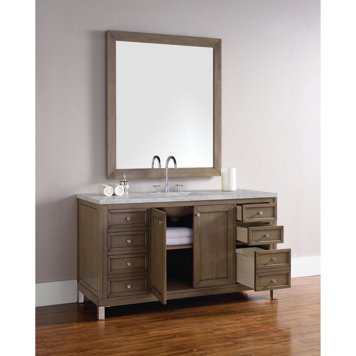 James Martin Vanities Chicago 60" Whitewashed Walnut Single Vanity With 3 cm Victorian Silver Quartz Top