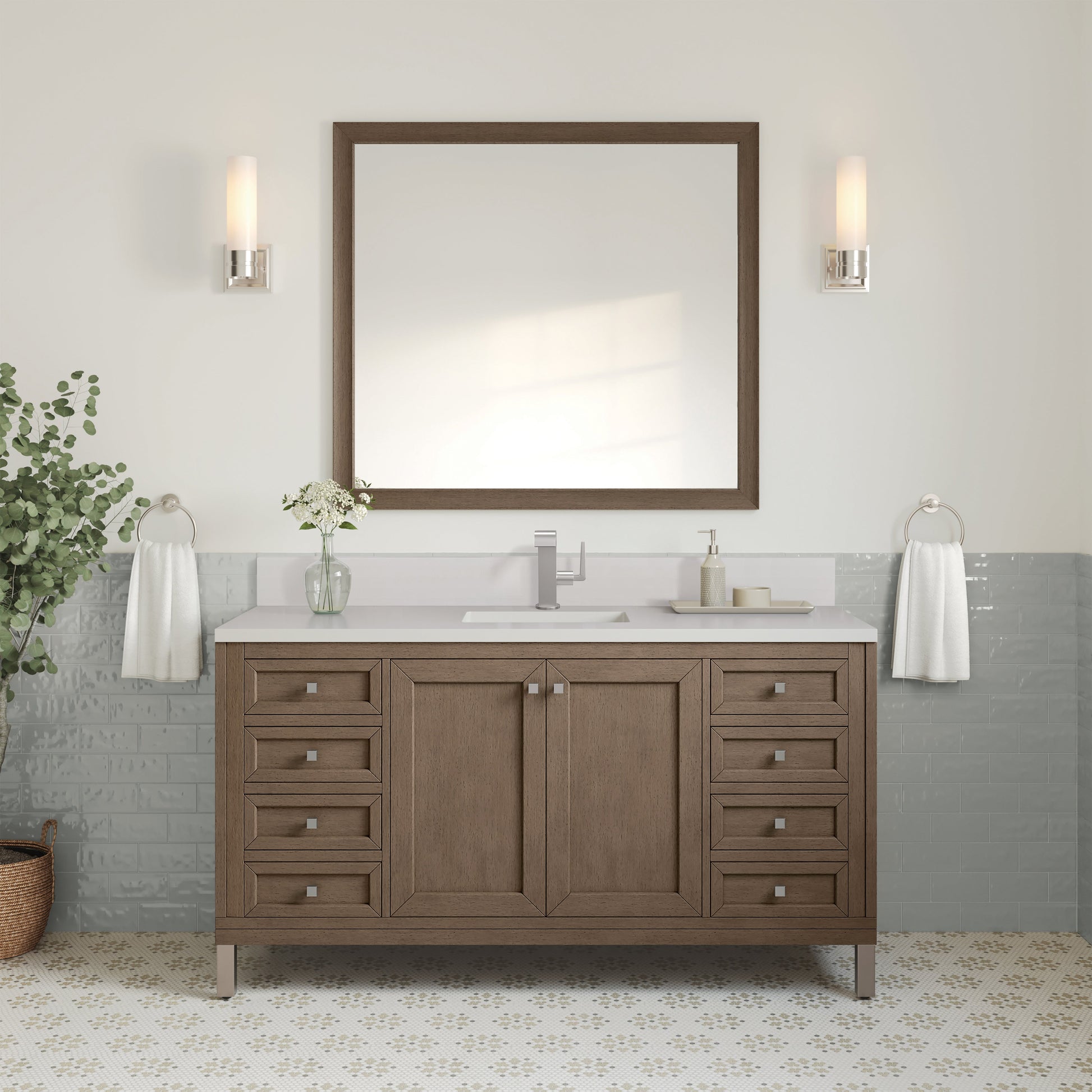 James Martin Vanities Chicago 60" Whitewashed Walnut Single Vanity With Single Hole 3 cm White Zeus Quartz Top & Backsplash