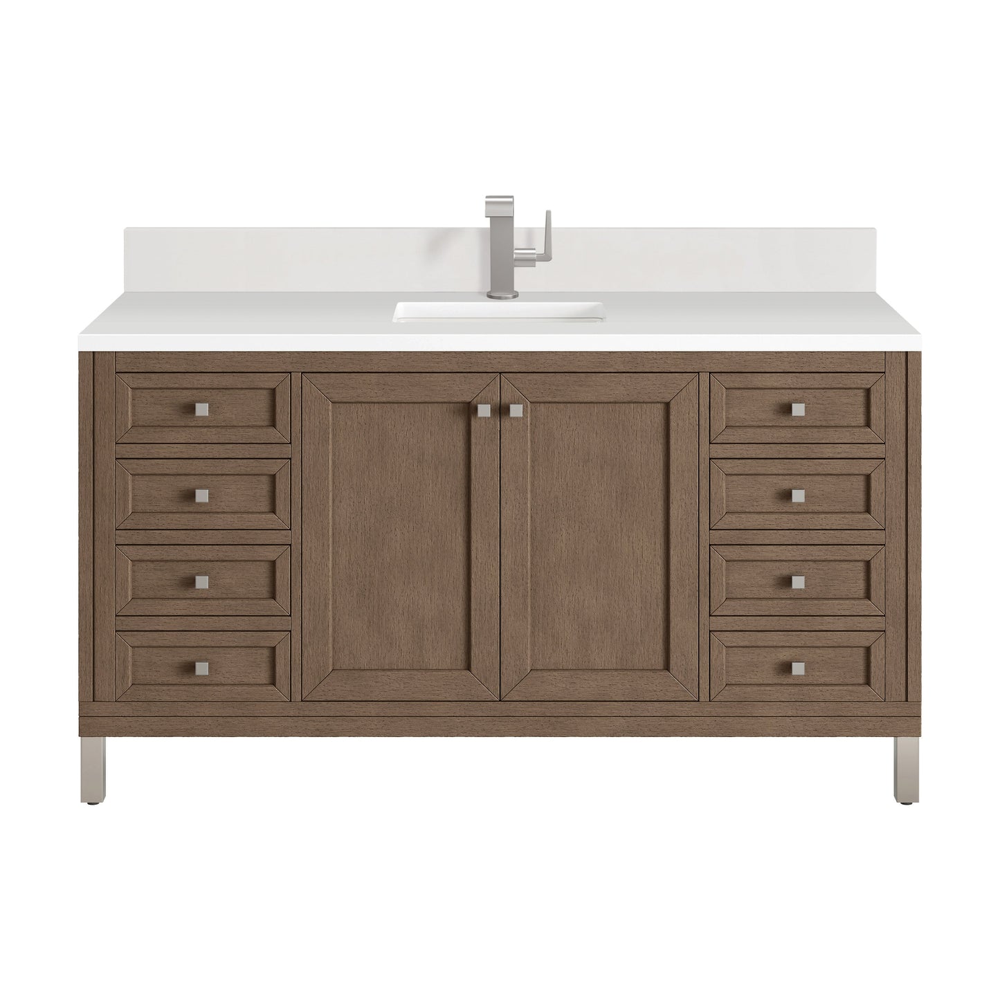 James Martin Vanities Chicago 60" Whitewashed Walnut Single Vanity With Single Hole 3 cm White Zeus Quartz Top & Backsplash