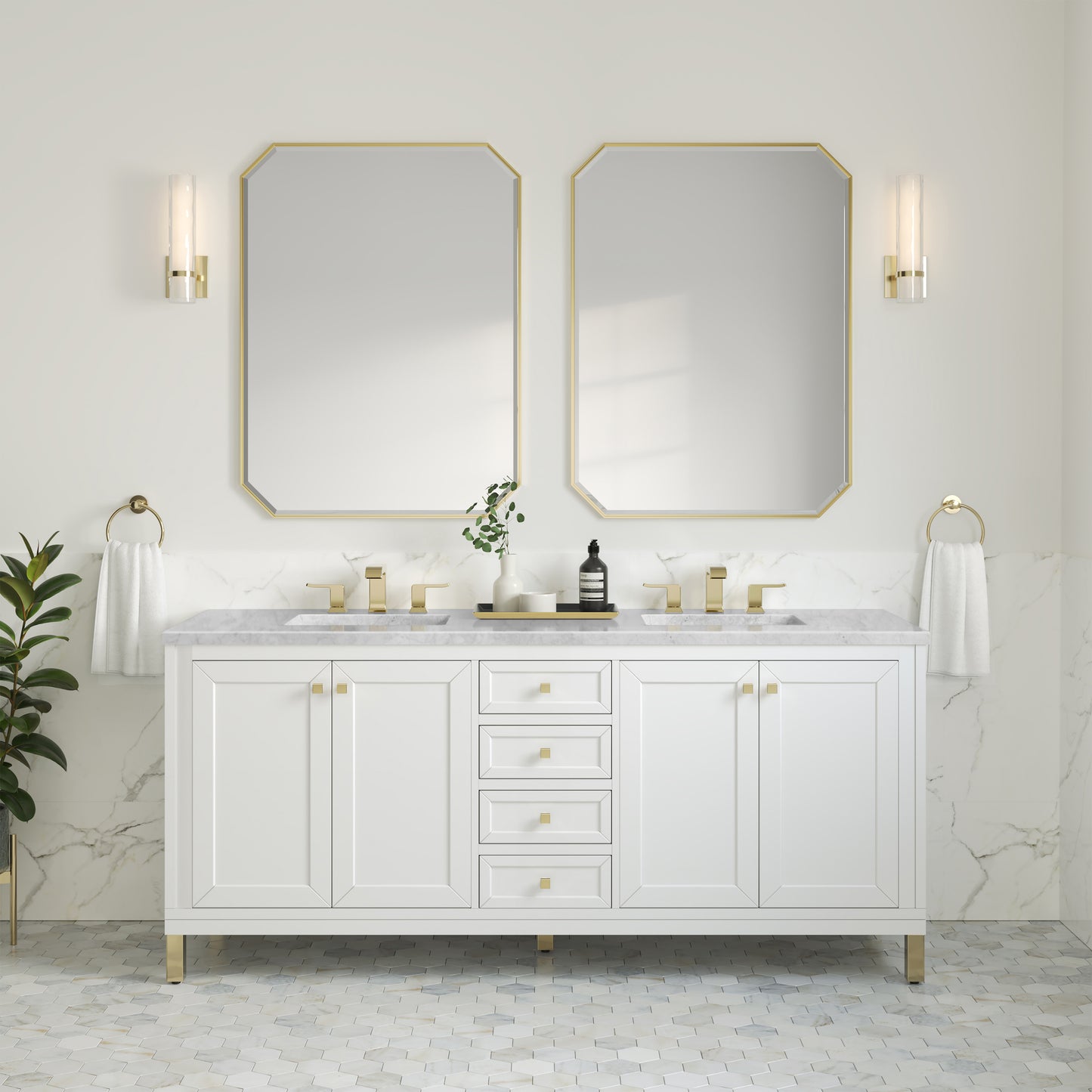 James Martin Vanities Chicago 72" Glossy White Double Vanity With 3 cm Carrara Marble Top