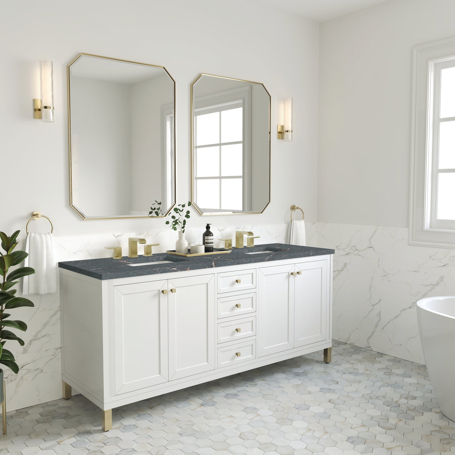 James Martin Vanities Chicago 72" Glossy White Double Vanity With 3 cm Parisien Bleu Silestone Top
