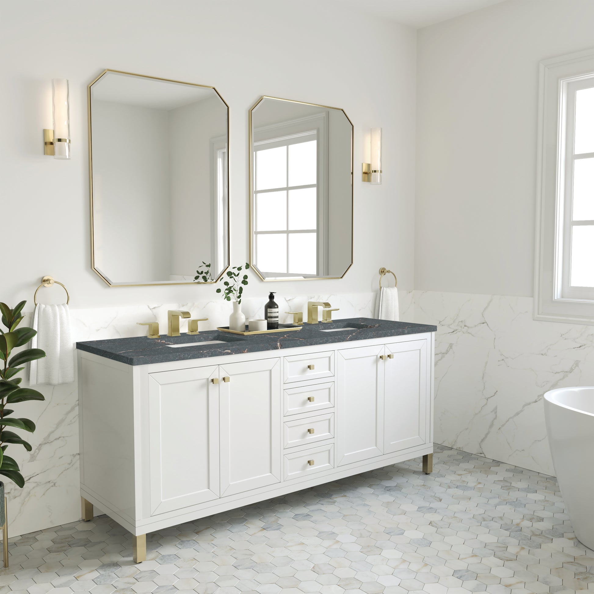James Martin Vanities Chicago 72" Glossy White Double Vanity With 3 cm Parisien Bleu Silestone Top