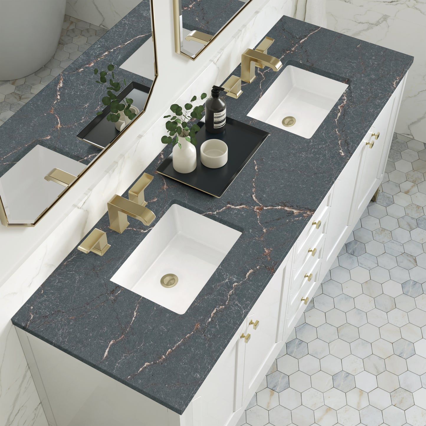 James Martin Vanities Chicago 72" Glossy White Double Vanity With 3 cm Parisien Bleu Silestone Top