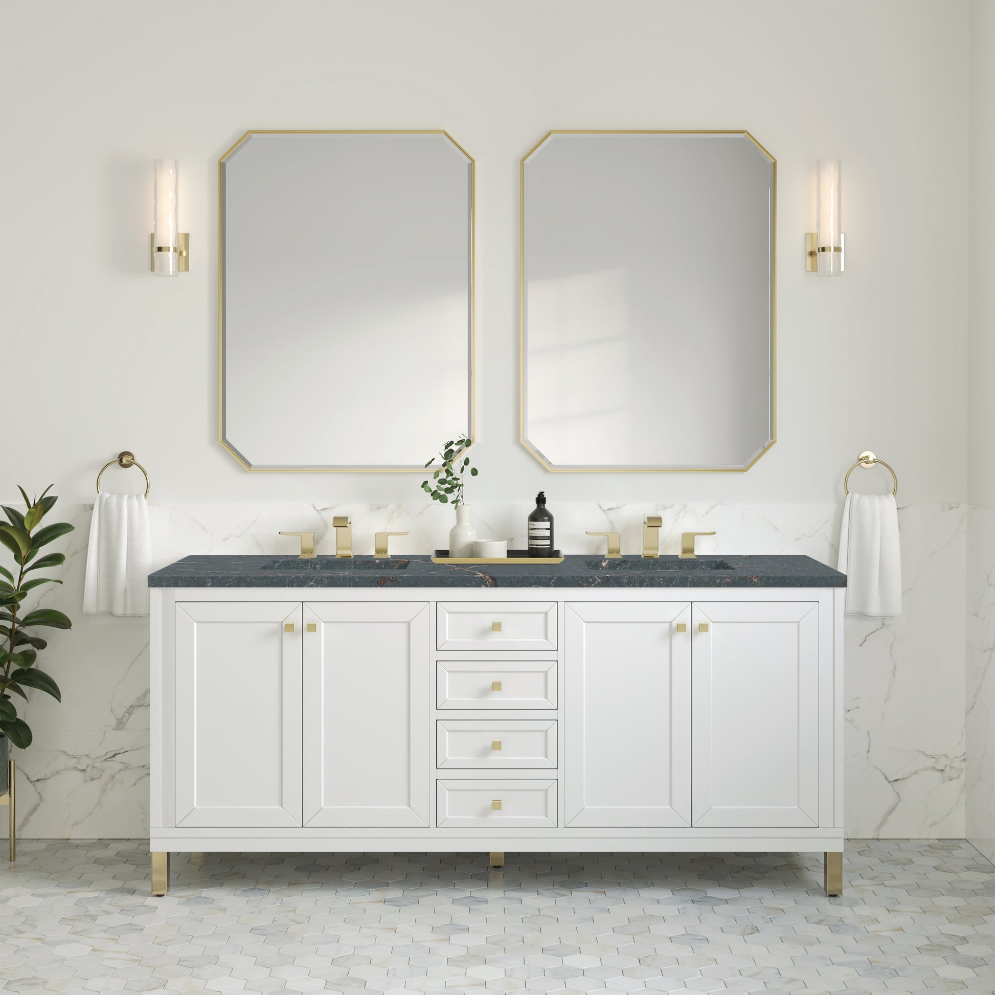 James Martin Vanities Chicago 72" Glossy White Double Vanity With 3 cm Parisien Bleu Silestone Top and FreePower Wireless Charger