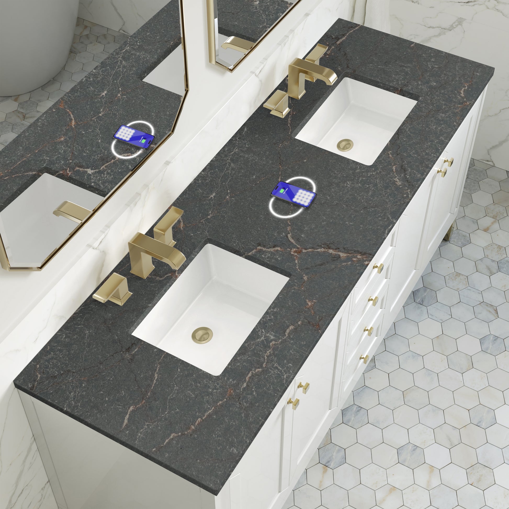 James Martin Vanities Chicago 72" Glossy White Double Vanity With 3 cm Parisien Bleu Silestone Top and FreePower Wireless Charger