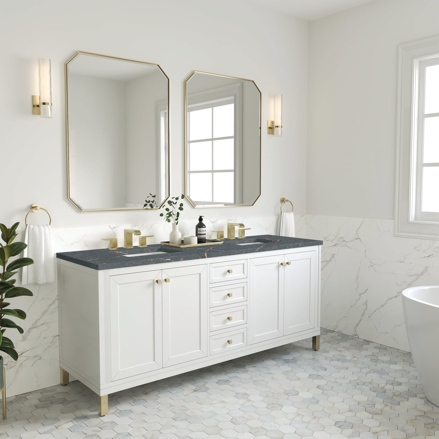 James Martin Vanities Chicago 72" Glossy White Double Vanity With 3 cm Parisien Bleu Top