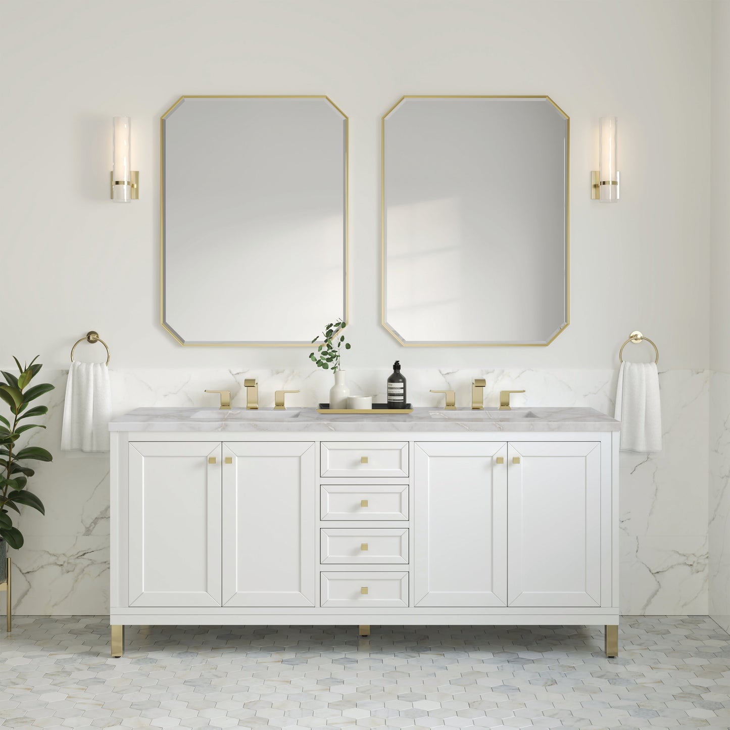 James Martin Vanities Chicago 72" Glossy White Double Vanity With 3 cm Victorian Silver Top