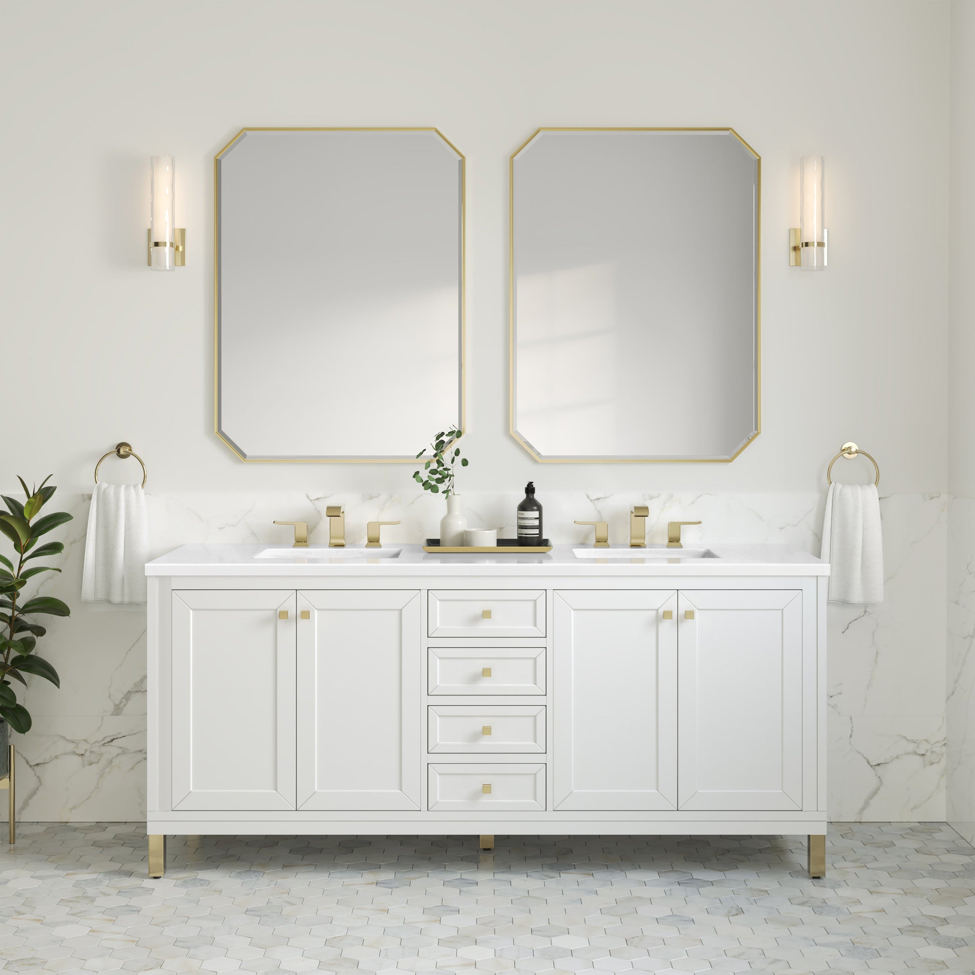 James Martin Vanities Chicago 72" Glossy White Double Vanity With 3 cm White Zeus Top