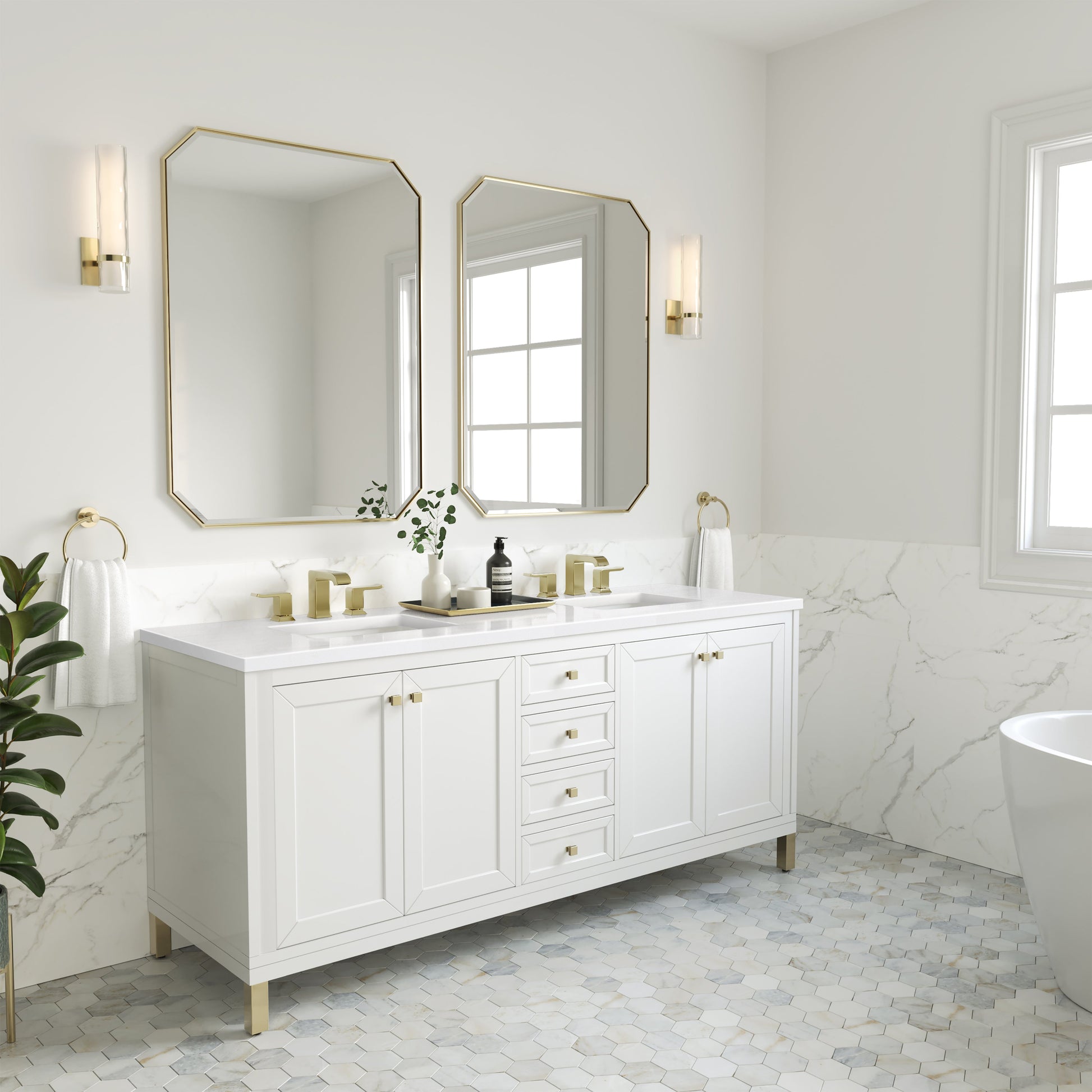 James Martin Vanities Chicago 72" Glossy White Double Vanity With 3 cm White Zeus Top