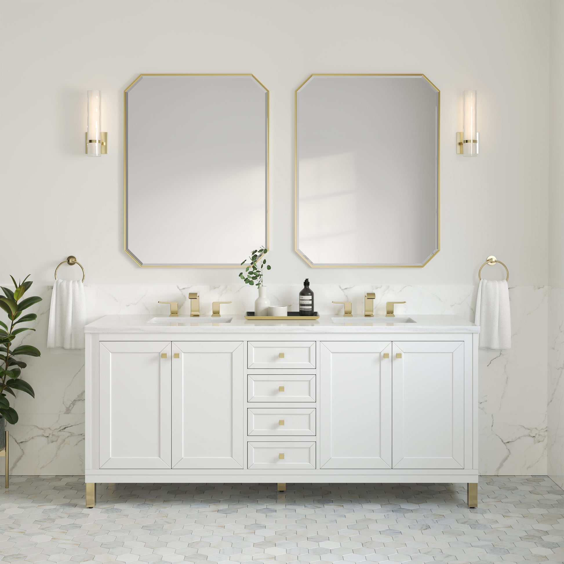 James Martin Vanities Chicago 72" Glossy White Double Vanity With 3cm Arctic Fall Solid Surface Top
