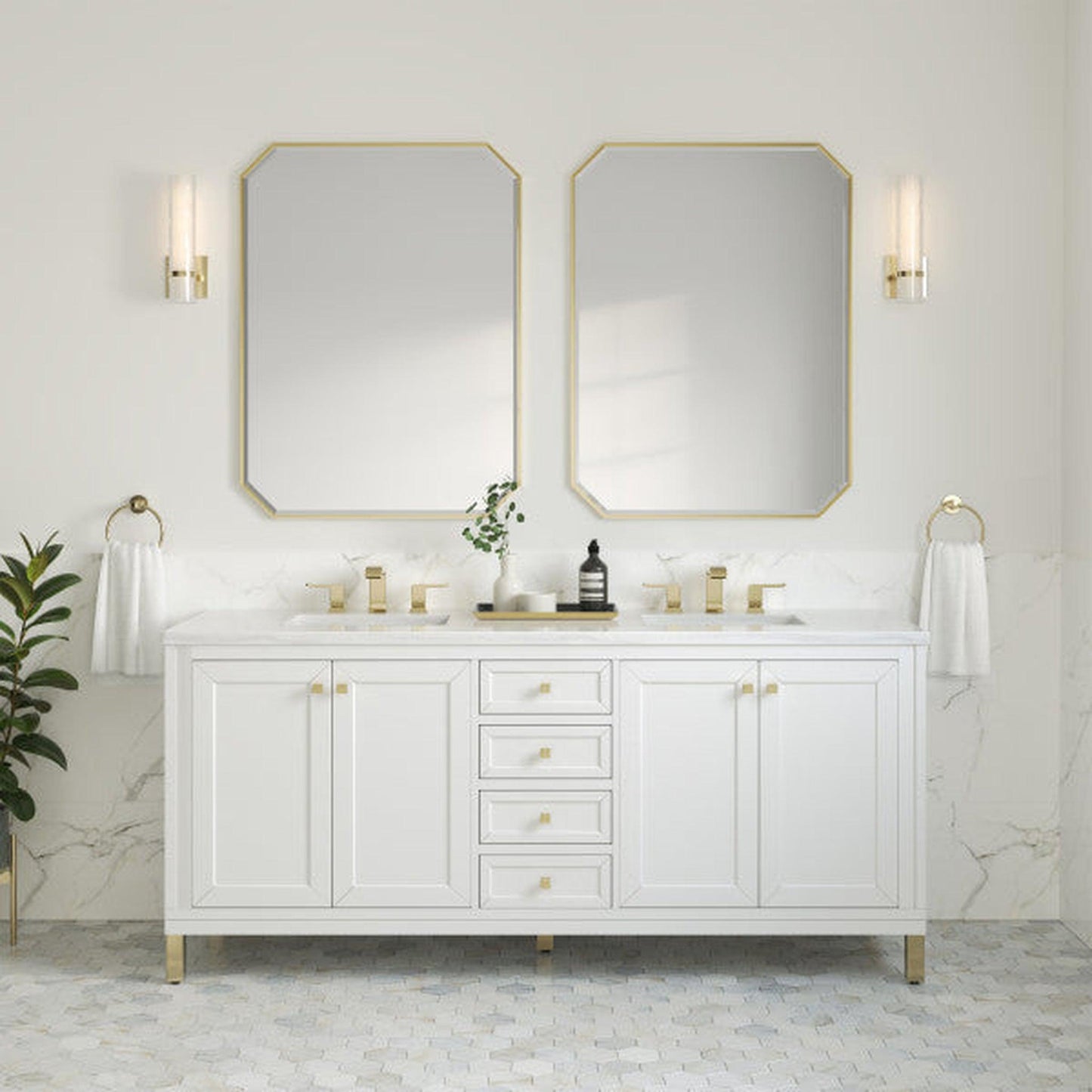 James Martin Vanities Chicago 72" Glossy White Double Vanity With 3cm Arctic Fall Top