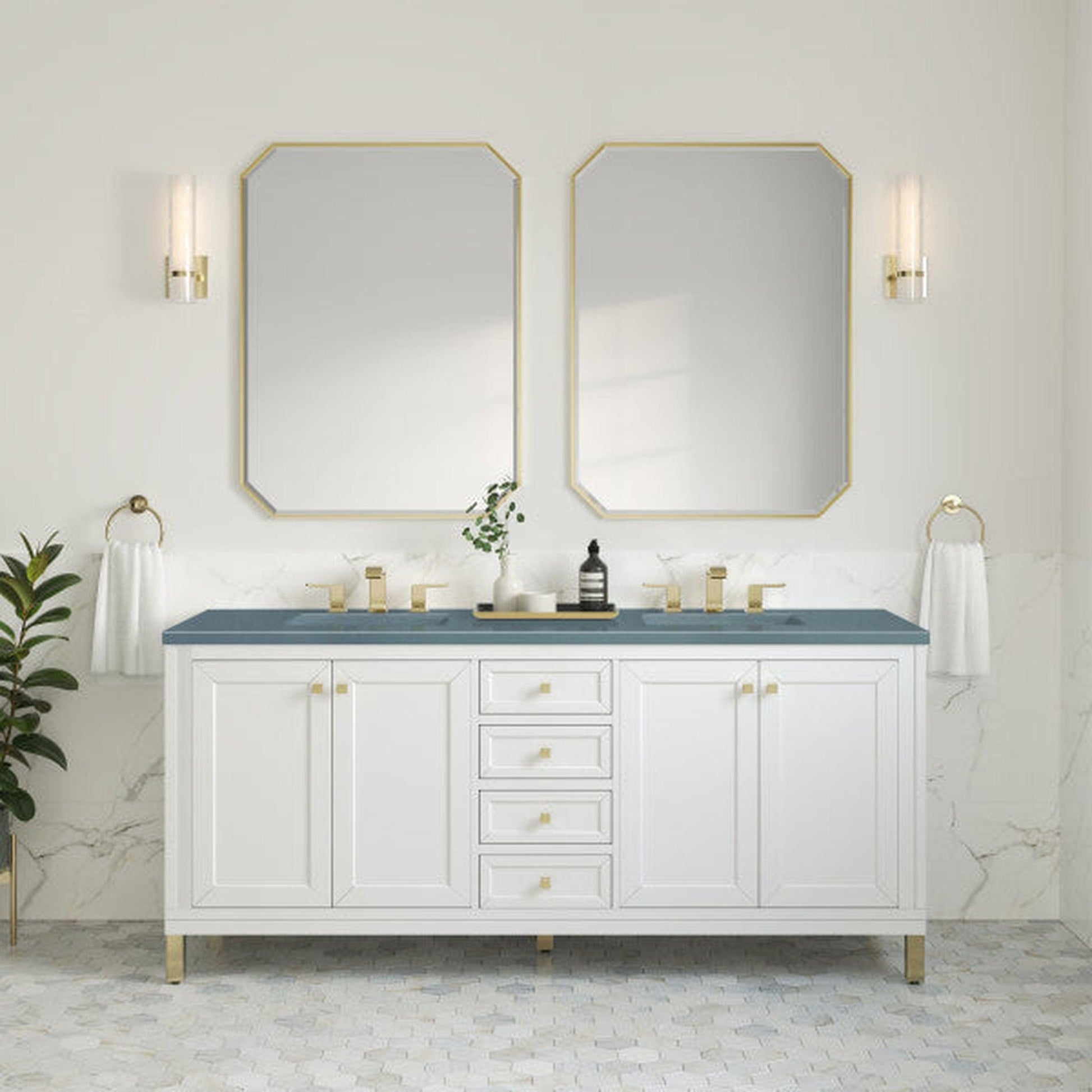 James Martin Vanities Chicago 72" Glossy White Double Vanity With 3cm Cala Blue Top