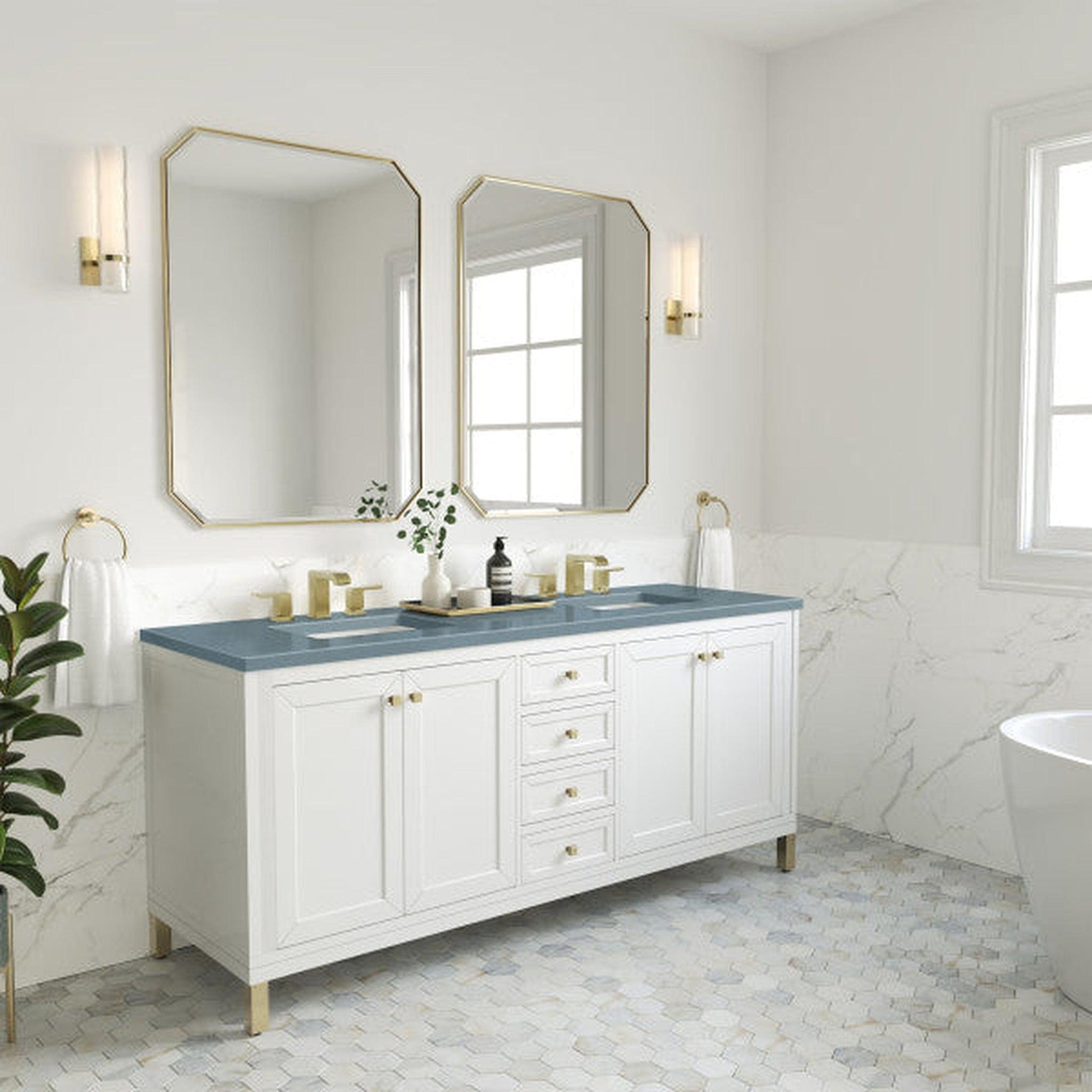 James Martin Vanities Chicago 72" Glossy White Double Vanity With 3cm Cala Blue Top