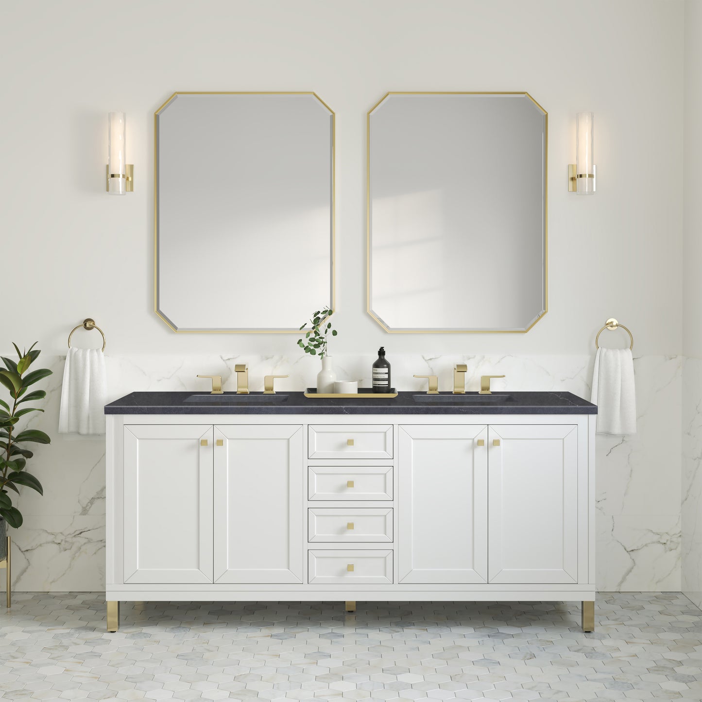 James Martin Vanities Chicago 72" Glossy White Double Vanity With 3cm Charcoal Soapstone Silestone Top