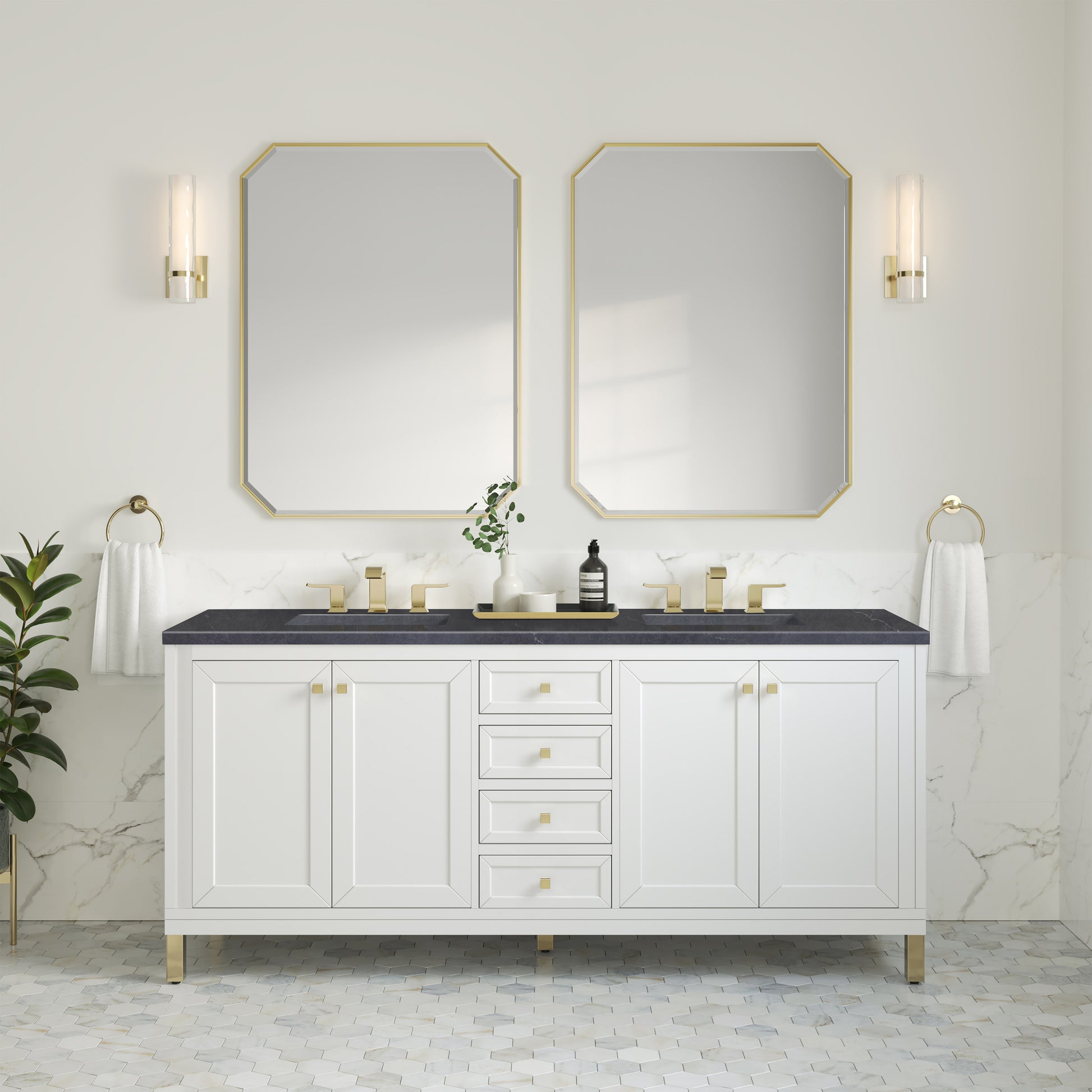 James Martin Vanities Chicago 72" Glossy White Double Vanity With 3cm Charcoal Soapstone Silestone Top