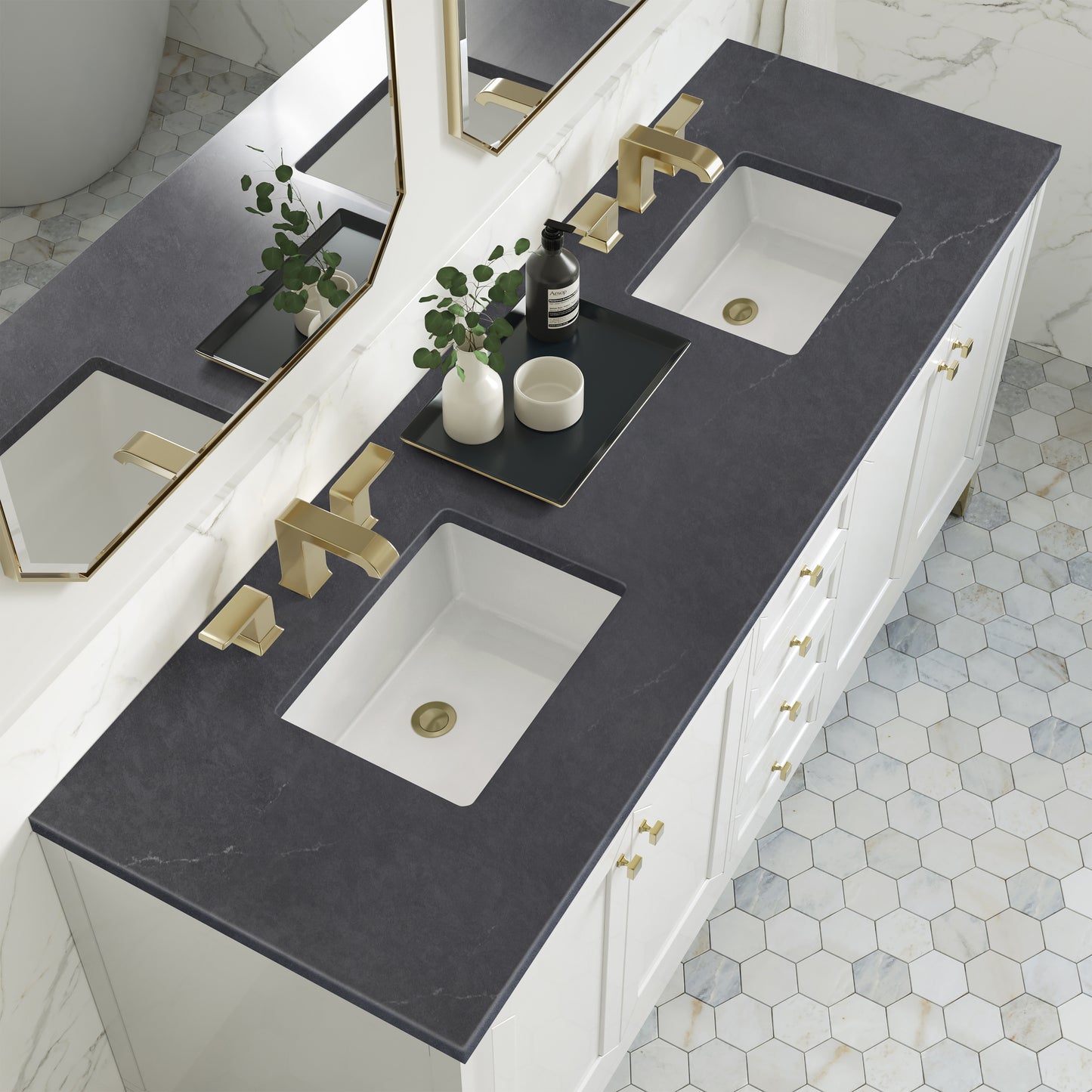 James Martin Vanities Chicago 72" Glossy White Double Vanity With 3cm Charcoal Soapstone Silestone Top