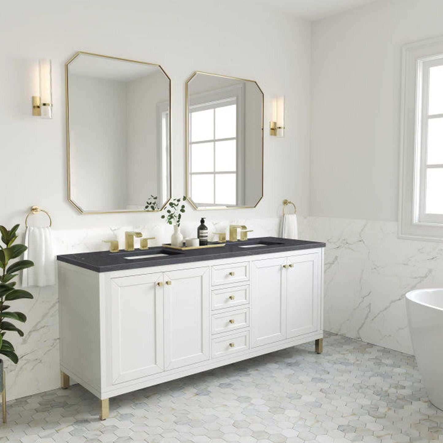 James Martin Vanities Chicago 72" Glossy White Double Vanity With 3cm Charcoal Soapstone Top