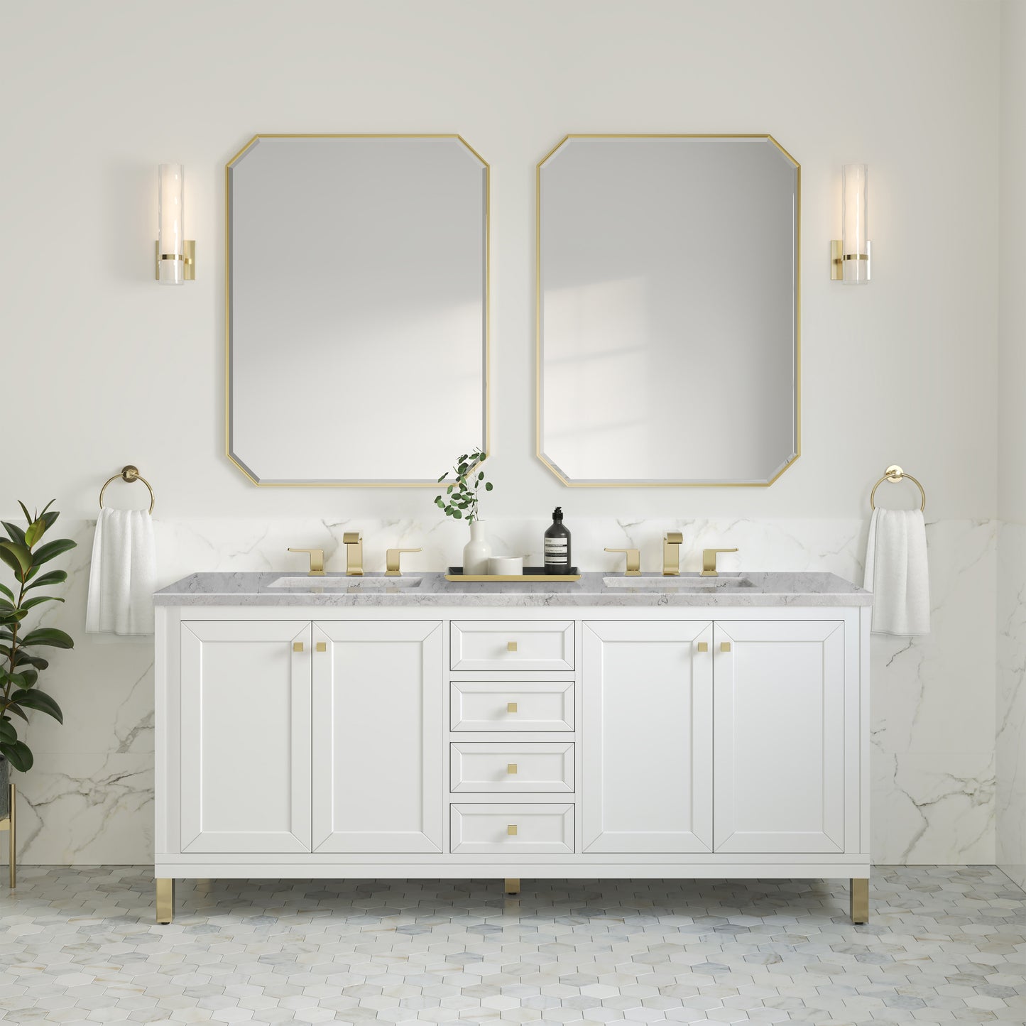 James Martin Vanities Chicago 72" Glossy White Double Vanity With 3cm Eternal Jasmine Pearl Silestone Top