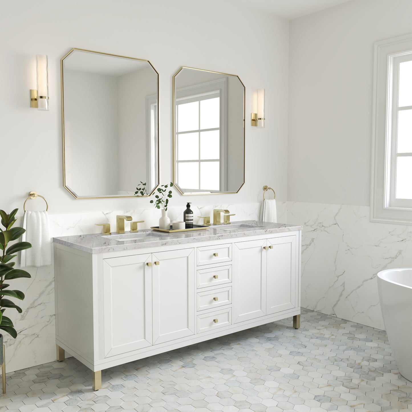 James Martin Vanities Chicago 72" Glossy White Double Vanity With 3cm Eternal Jasmine Pearl Silestone Top