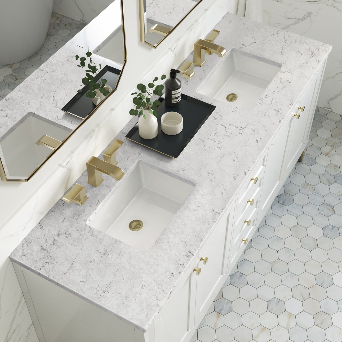 James Martin Vanities Chicago 72" Glossy White Double Vanity With 3cm Eternal Jasmine Pearl Silestone Top
