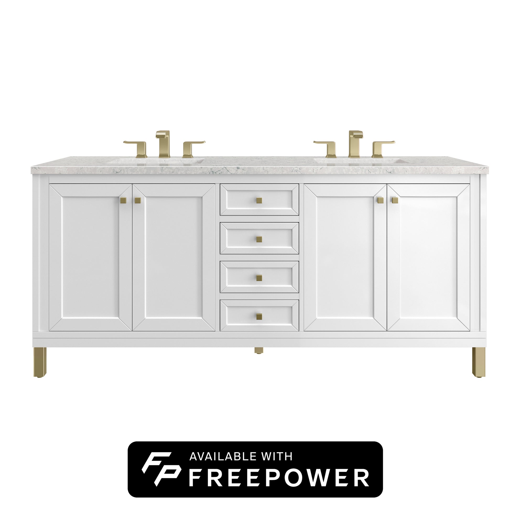 James Martin Vanities Chicago 72" Glossy White Double Vanity With 3cm Eternal Jasmine Pearl Silestone Top With FreePower Wireless Charger