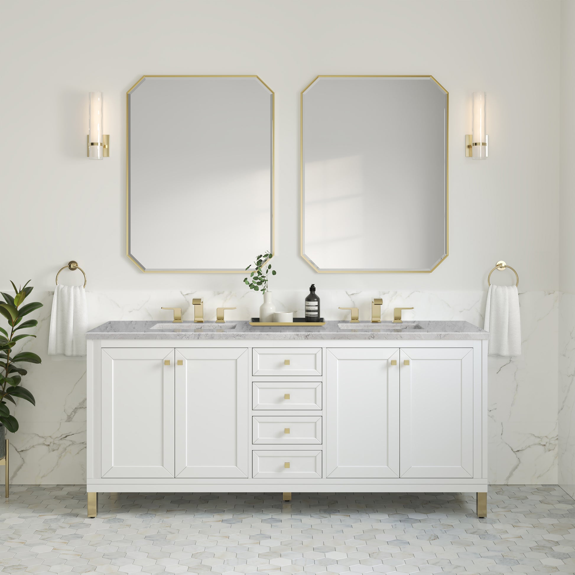 James Martin Vanities Chicago 72" Glossy White Double Vanity With 3cm Eternal Jasmine Pearl Silestone Top With FreePower Wireless Charger