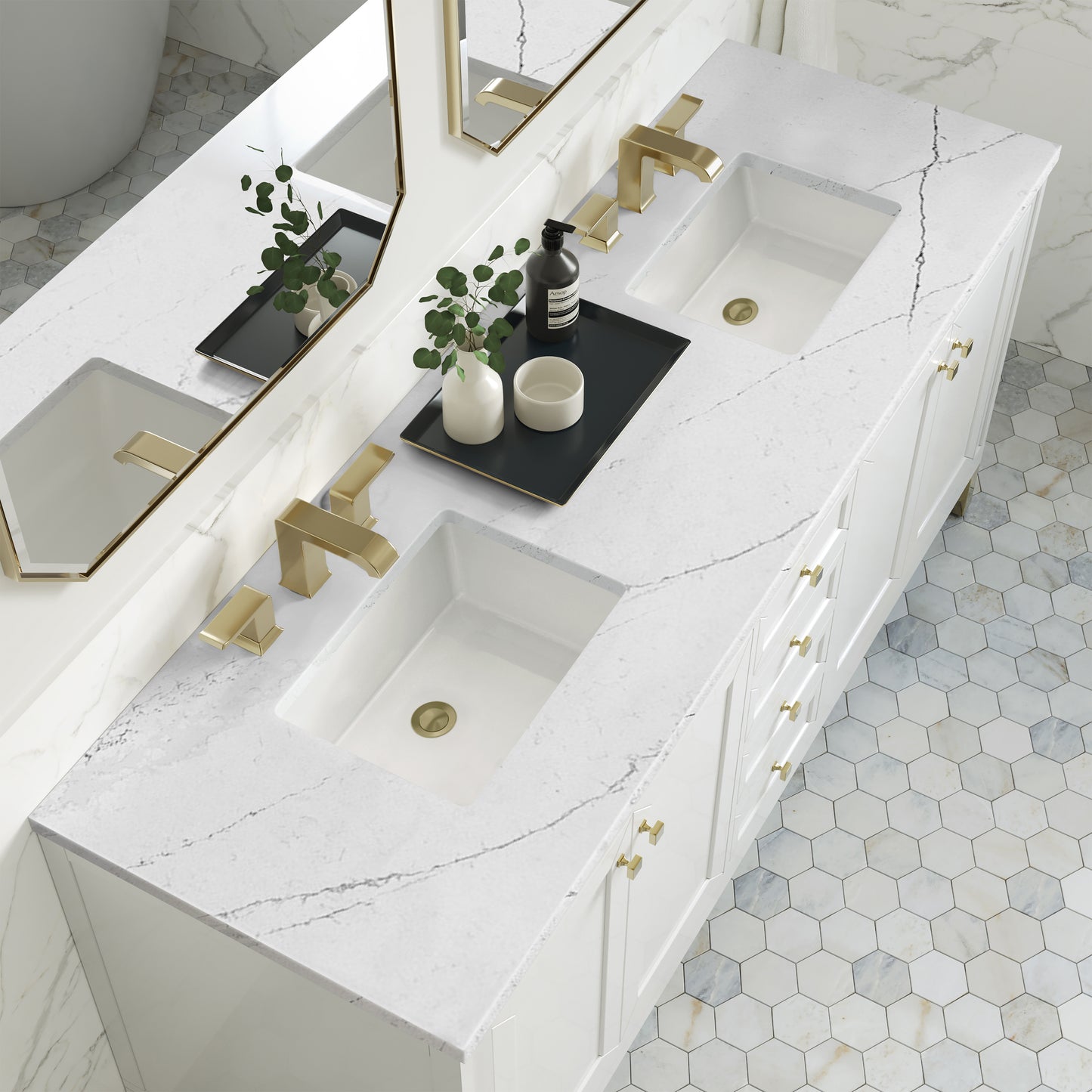 James Martin Vanities Chicago 72" Glossy White Double Vanity With 3cm Ethereal Noctis Silestone Top With FreePower Wireless Charger