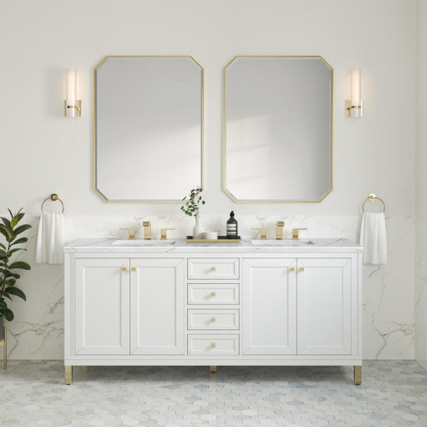 James Martin Vanities Chicago 72" Glossy White Double Vanity With 3cm Ethereal Noctis Top