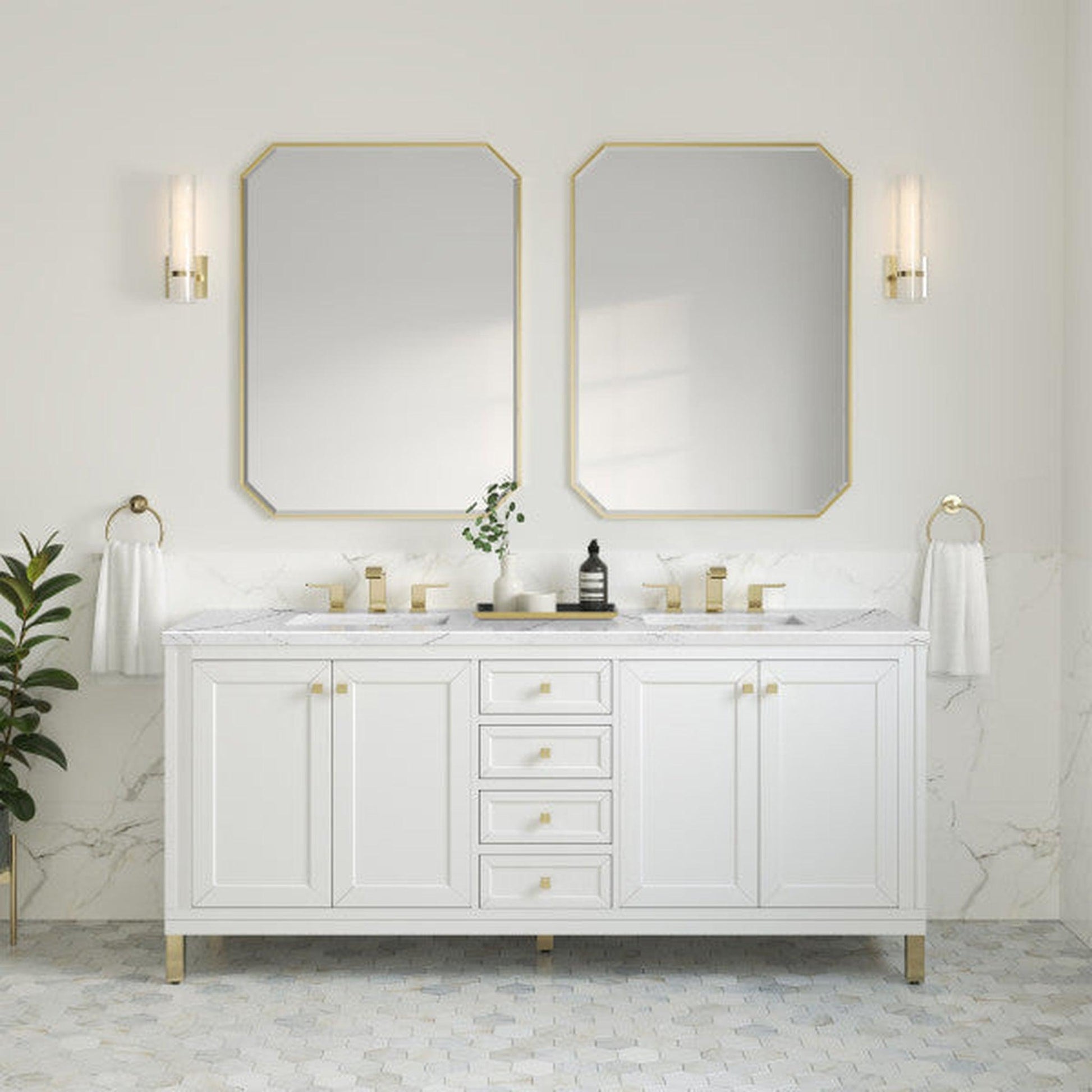 James Martin Vanities Chicago 72" Glossy White Double Vanity With 3cm Ethereal Noctis Top