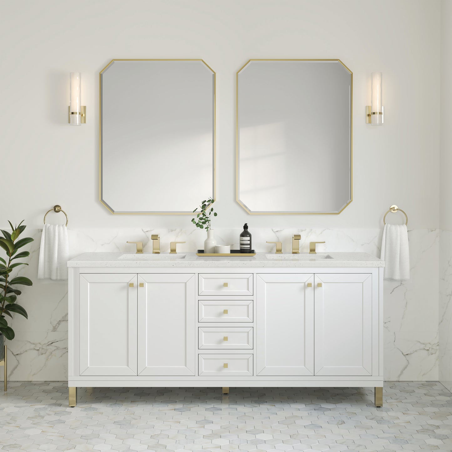 James Martin Vanities Chicago 72" Glossy White Double Vanity With 3cm Lime Delight Silestone Top