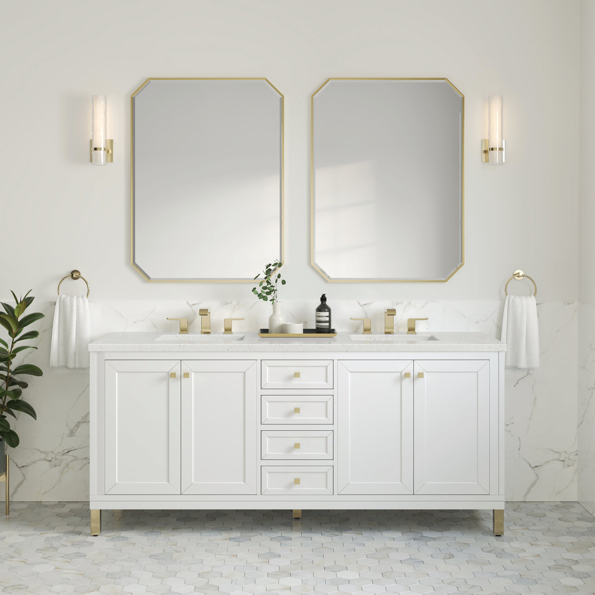 James Martin Vanities Chicago 72" Glossy White Double Vanity With 3cm Lime Delight Silestone Top