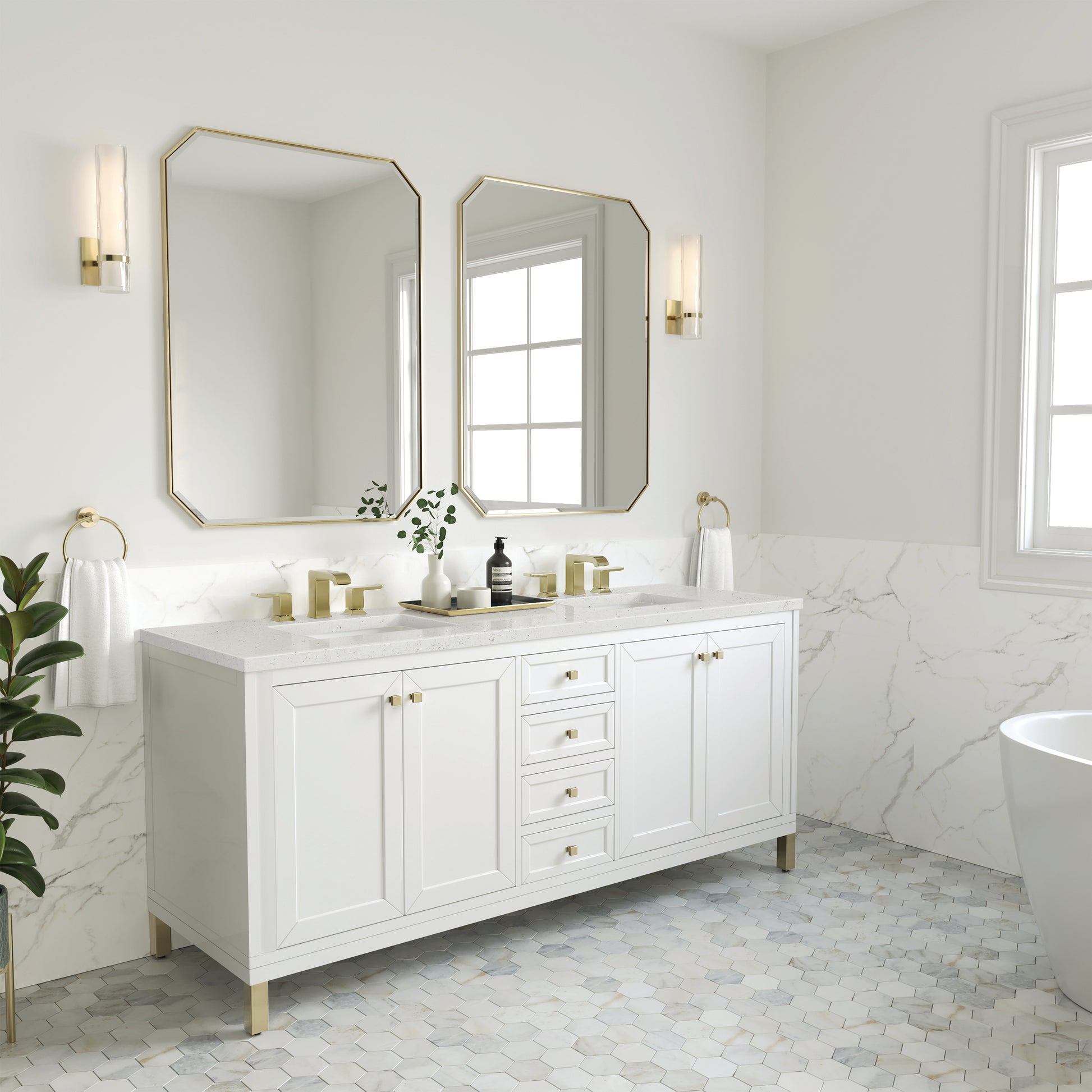 James Martin Vanities Chicago 72" Glossy White Double Vanity With 3cm Lime Delight Silestone Top