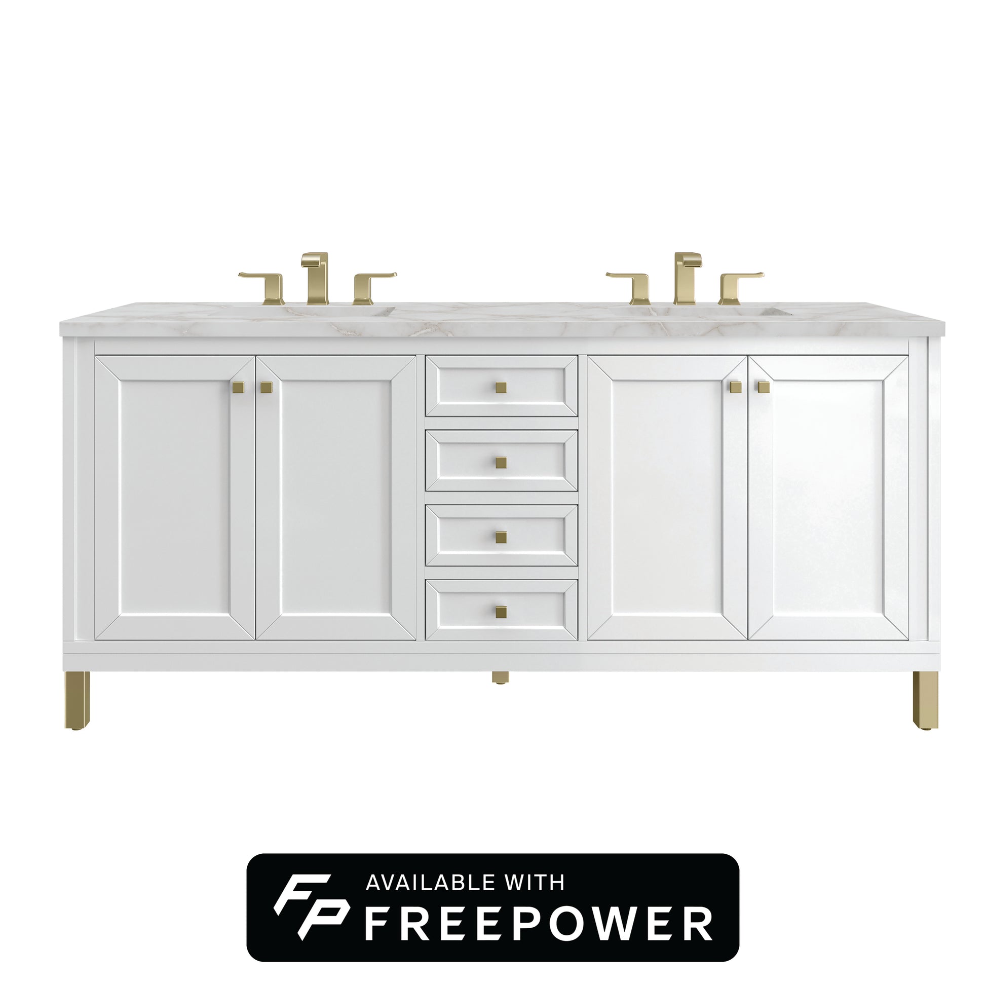 James Martin Vanities Chicago 72" Glossy White Double Vanity With 3cm Victorian Silver Silestone Top With FreePower Wireless Charger